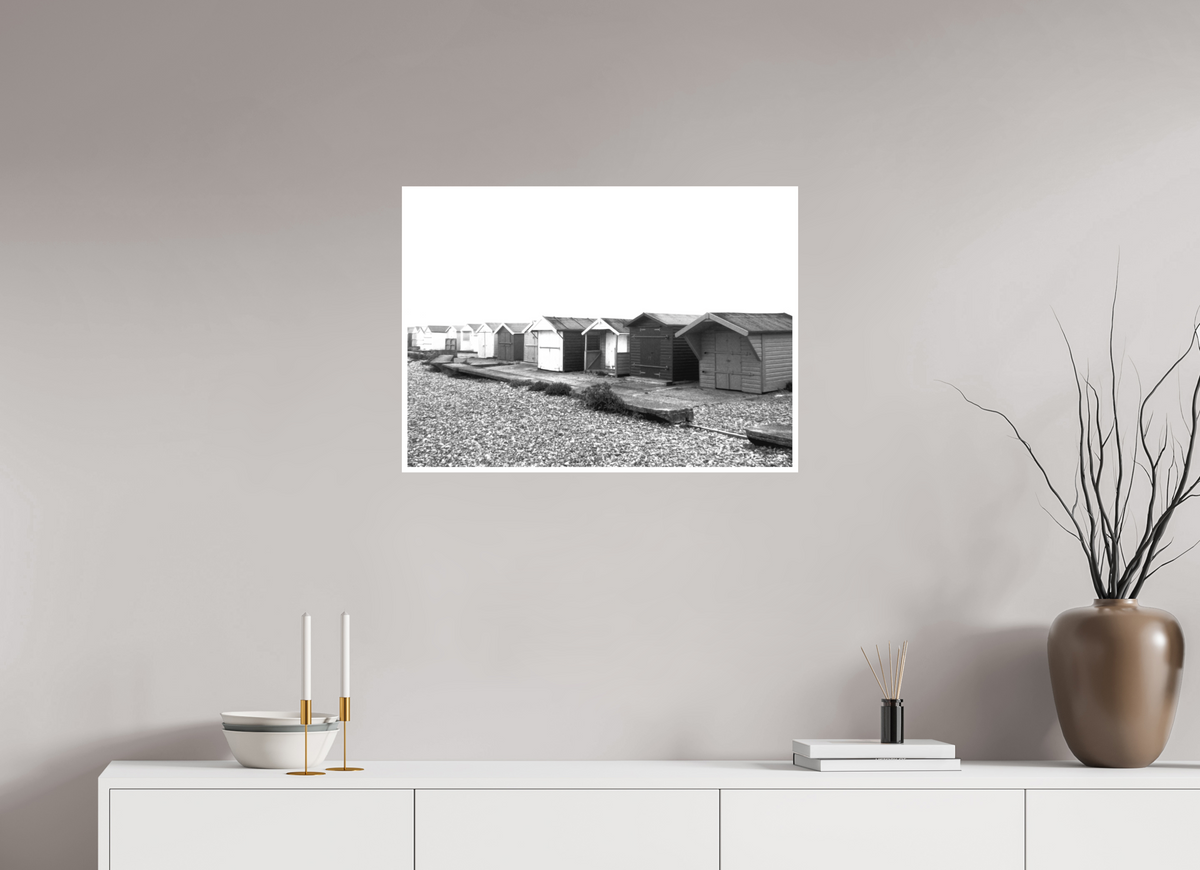 28 x 20″, Ilford B&W Photo Print Under Acrylic Glass Beach Huts